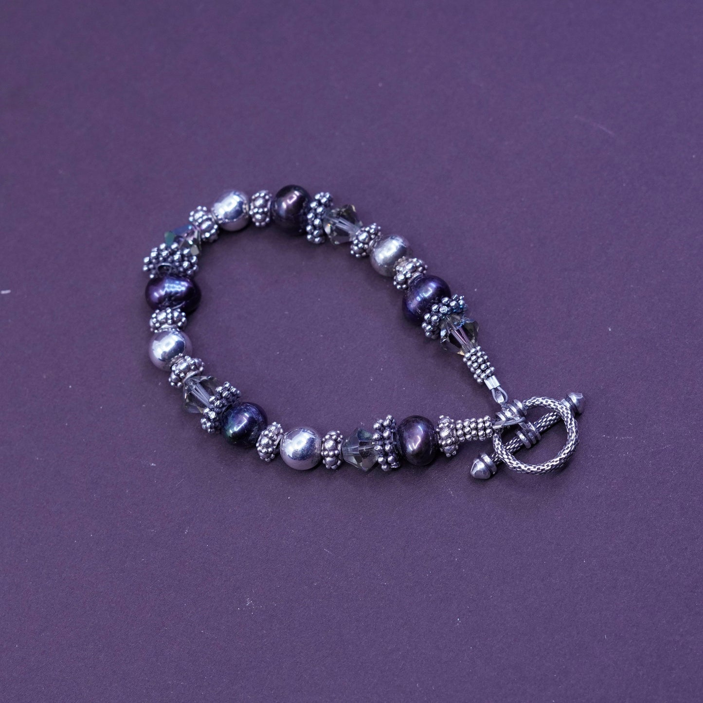 6.75”, Sterling 925 silver handmade beads bracelet with black pearl and crystal
