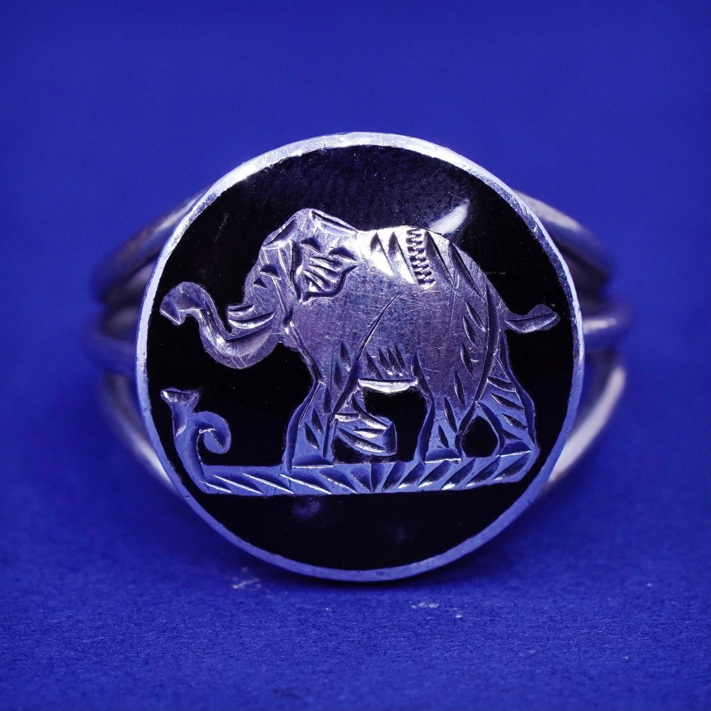 Size 7.25, vintage silver tone handmade ring, 925 elephant band with black enamel