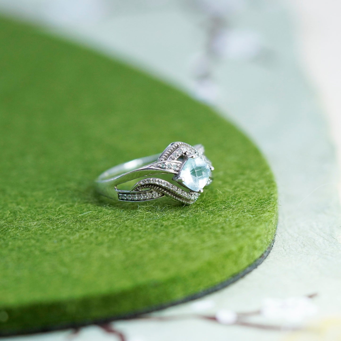 Size 10, sterling 925 silver handmade ring with blue topaz and cluster diamonds