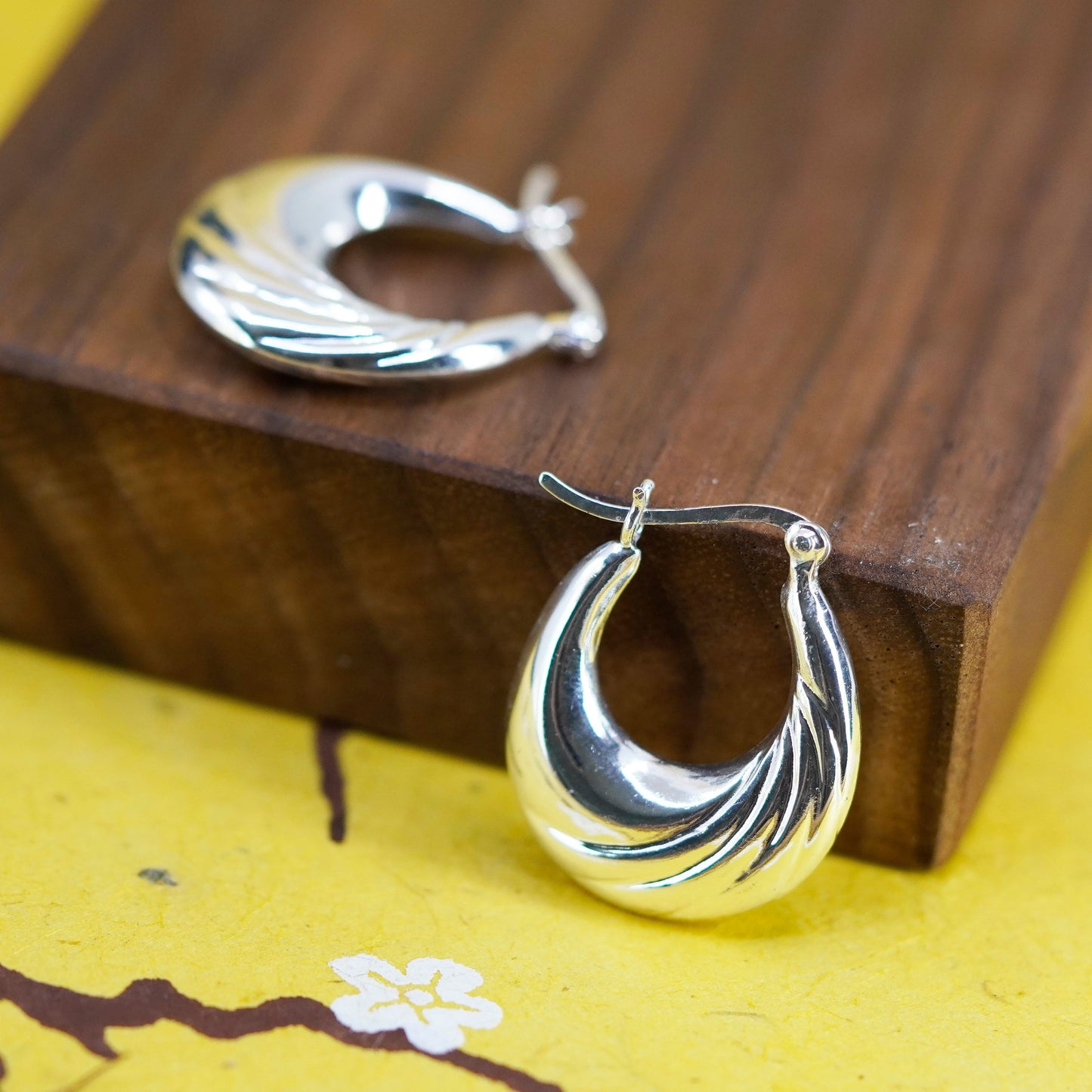 1”, Vintage Sterling silver handmade earrings, 925 ribbed hoops
