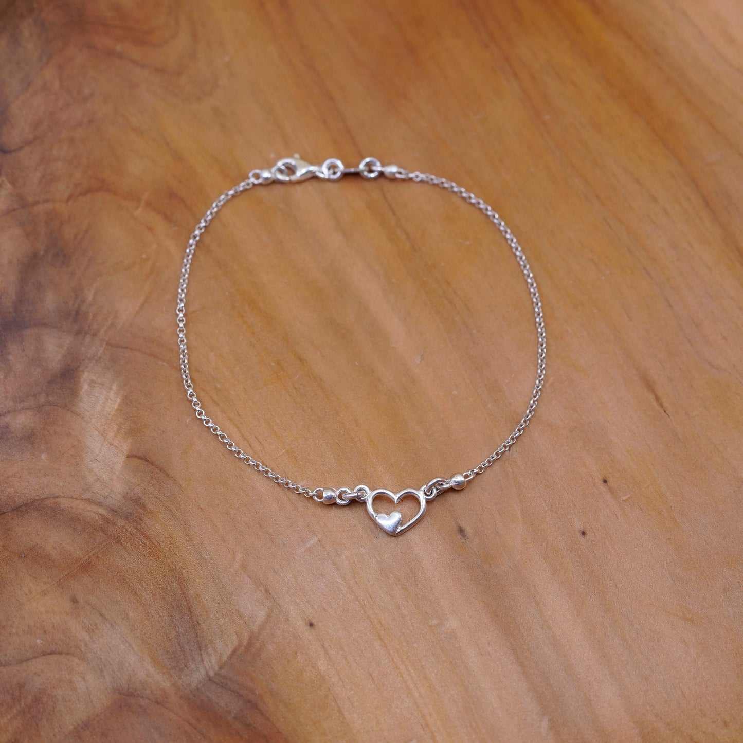 8.75”, vintage Sterling 925 silver handmade circle bracelet anklet heart charm