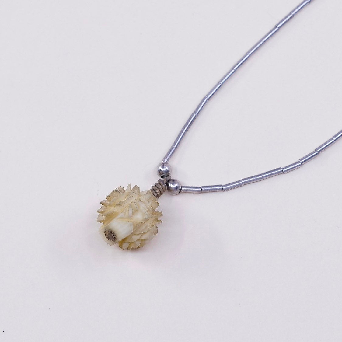16", vtg sterling liquid silver Handmade chain w/ craved flower bone pendant