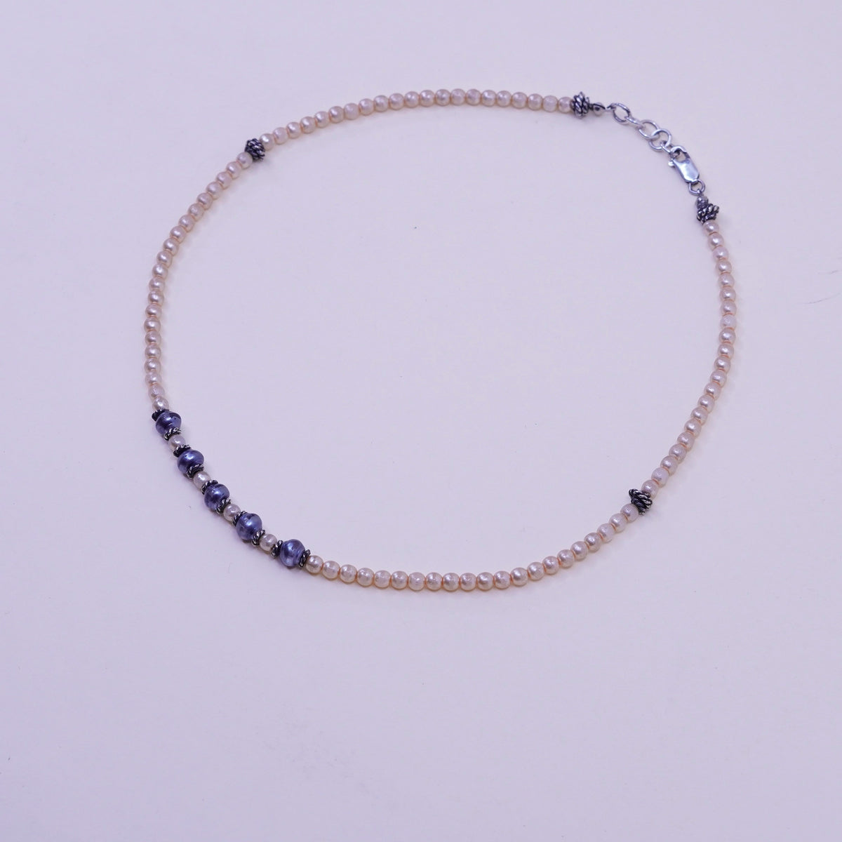 16”, Vintage faux pearl beads necklace chain with sterling 925 silver clasp