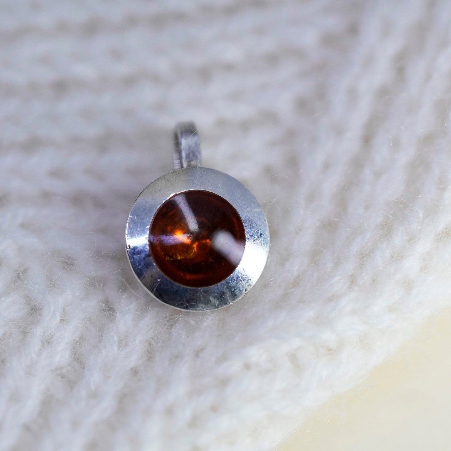 Vintage modern sterling 925 silver handmade pendant with round amber