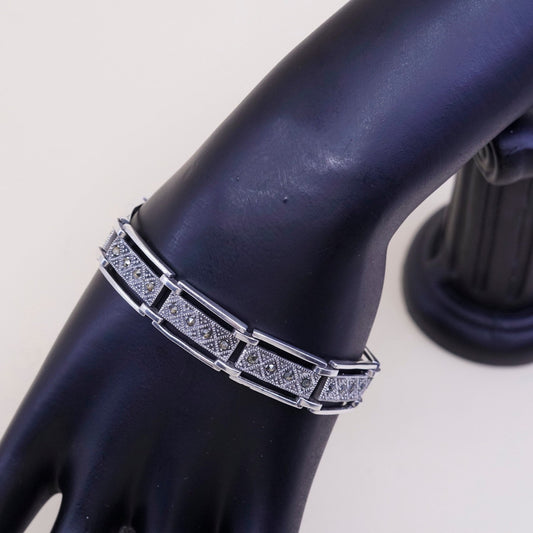 7”, vintage Sterling 925 Silver, elongated chain, tennis Bracelet w/ marcasite