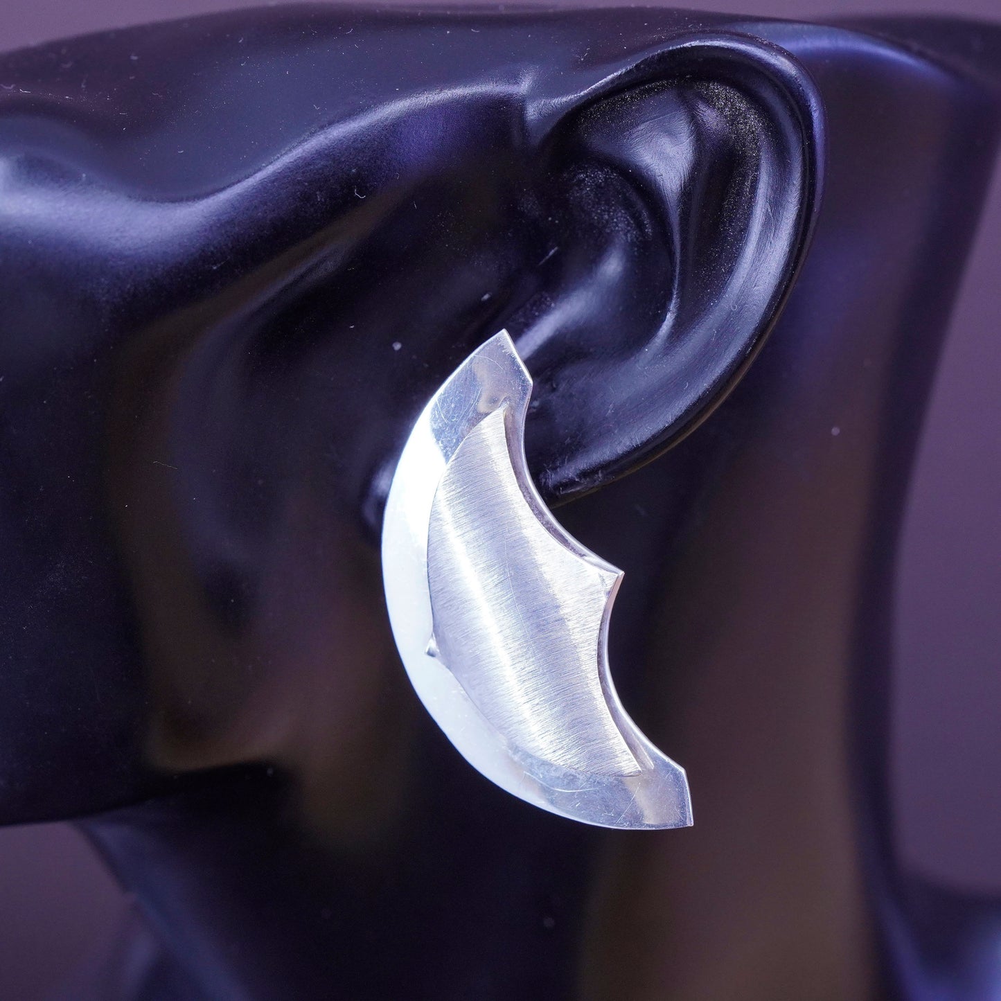 Vintage sterling silver handmade earrings, textured 925 moon shaped studs