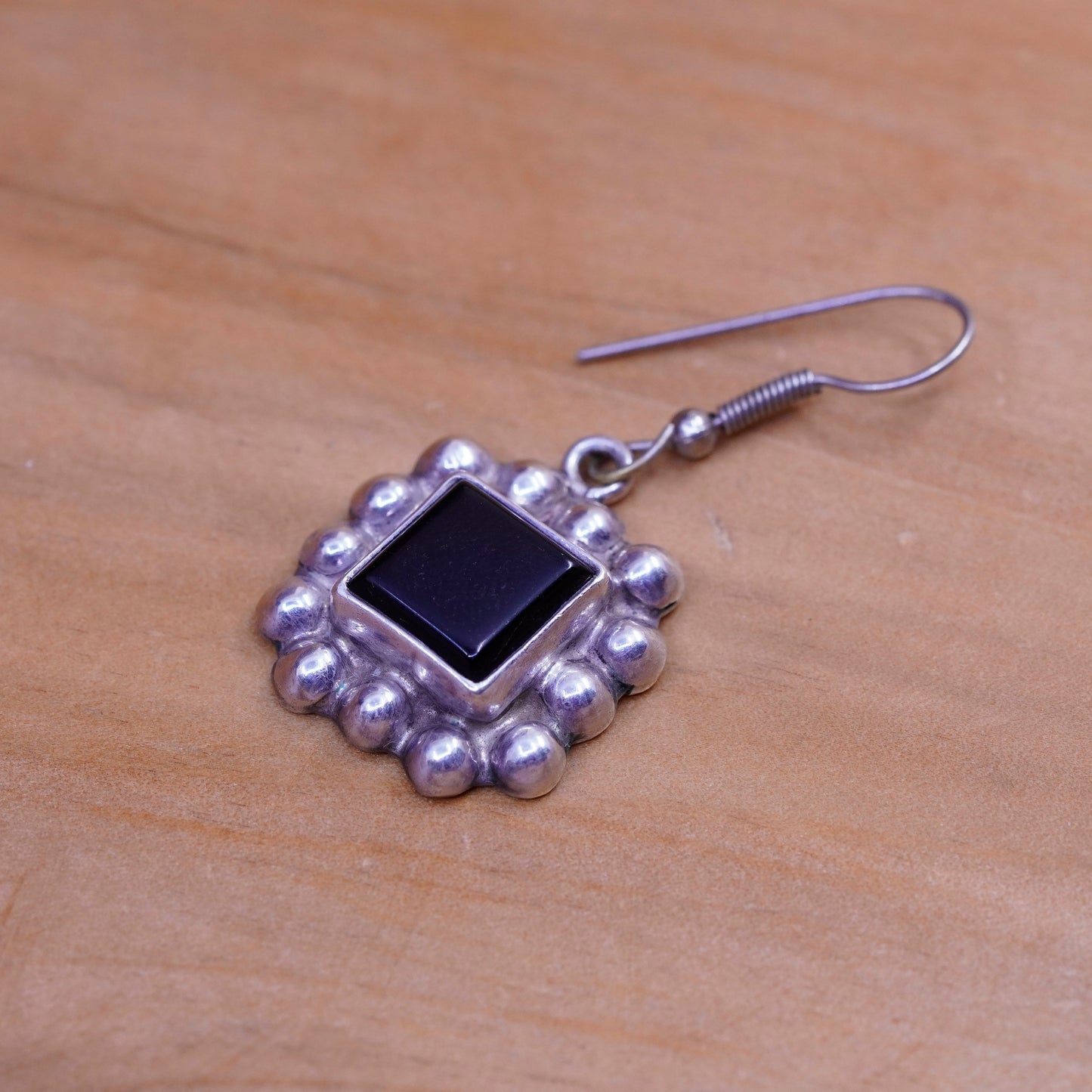 Vintage Sterling 925 silver handmade earrings with square obsidian and beads