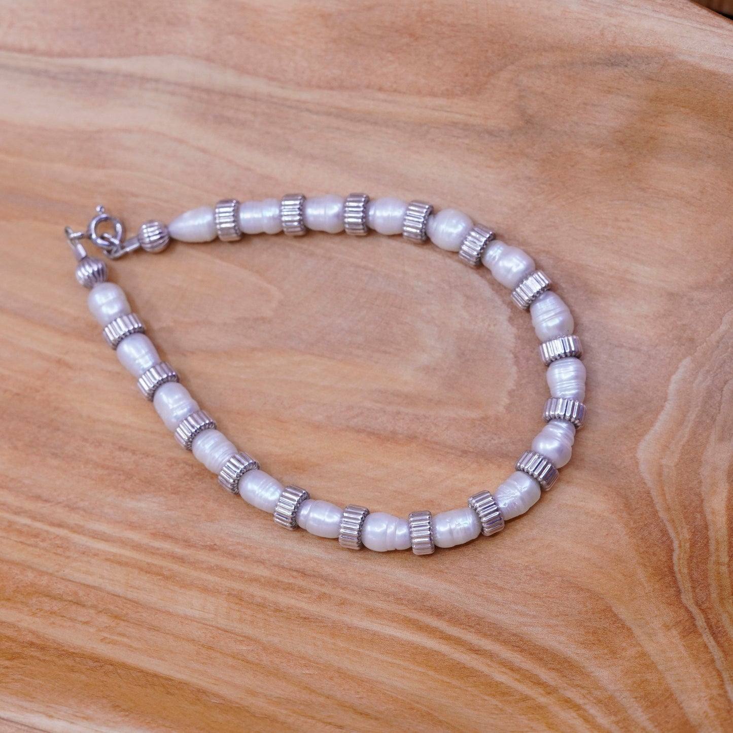7.5”, vtg Sterling silver handmade bracelet, freshwater pearl with 925 beads
