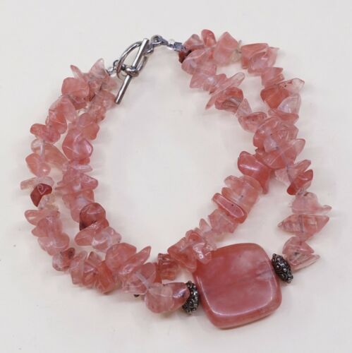 7”, Vtg Antique Silver Tone Handmade Bracelet W/ Pink Quartz Nuggets