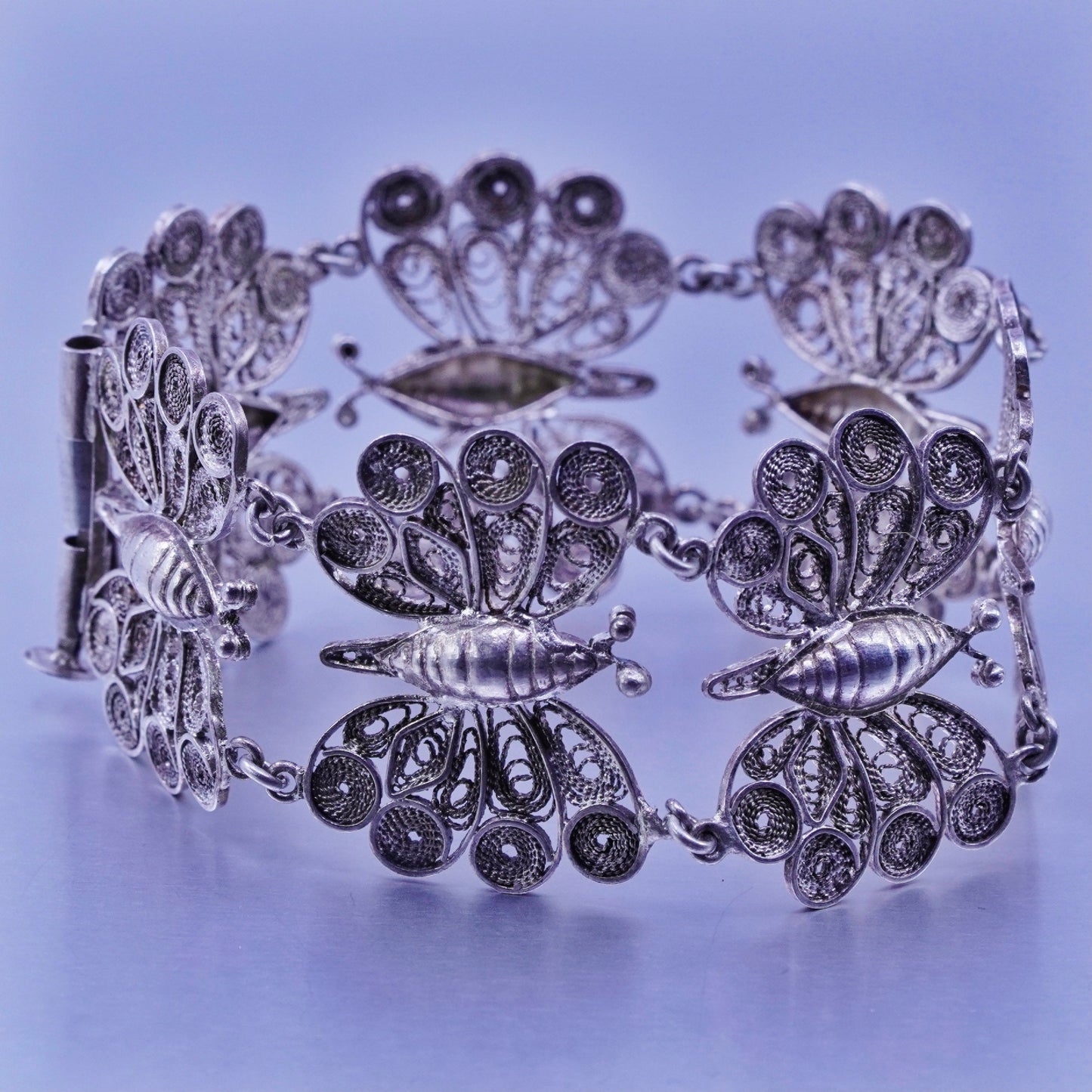 6”, vintage Sterling 925 silver handmade bracelet, filigree butterfly