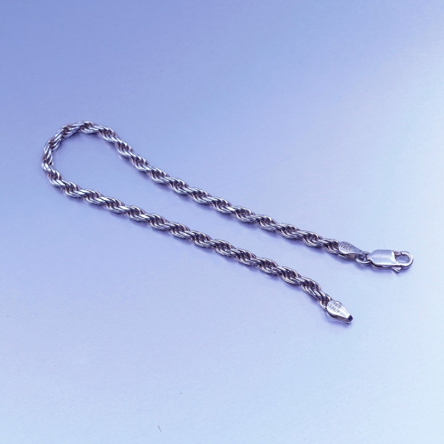 7.5”, 3mm, Vintage Italy Sterling 925 silver handmade bracelet, rope chain