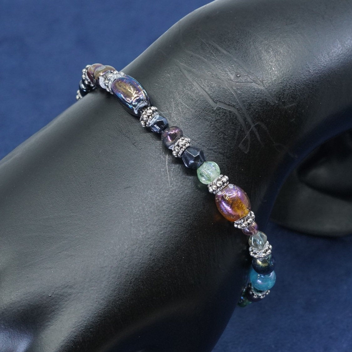 7.5", vtg handmade sterling silver bracelet, colorful glass beads, stamped 925