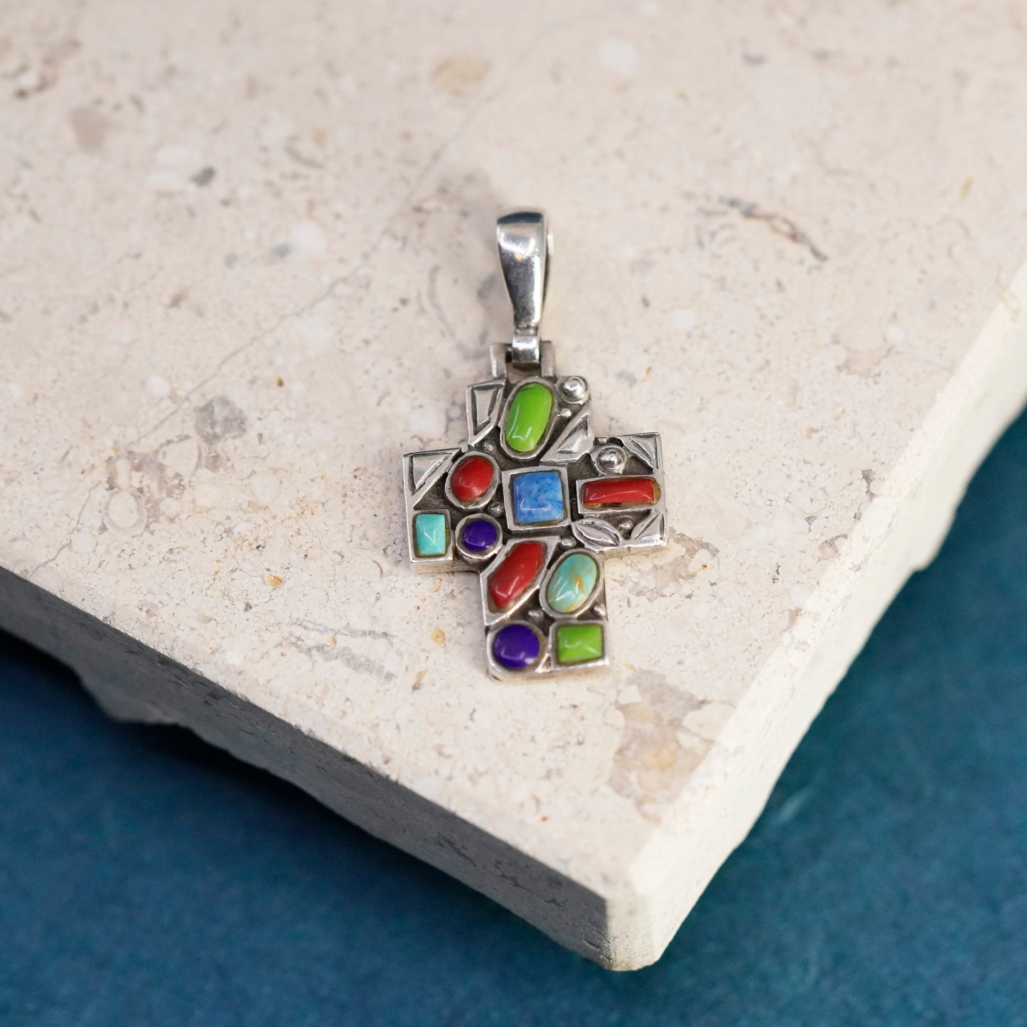 Vintage Sterling silver handmade pendant, 925 gemstone beads cross