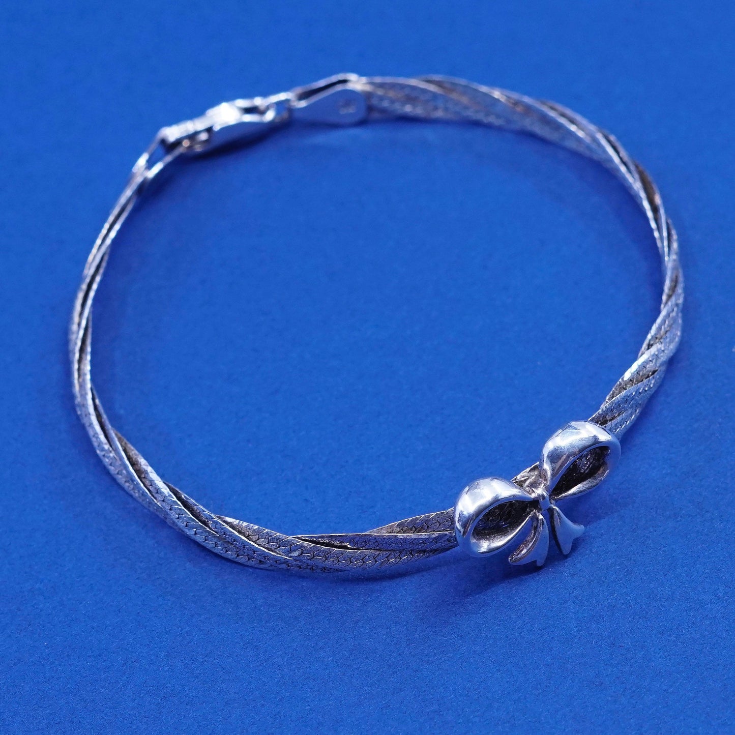 7”, Sterling silver handmade bracelet 925 twisted herringbone w/ bow tie ribbon
