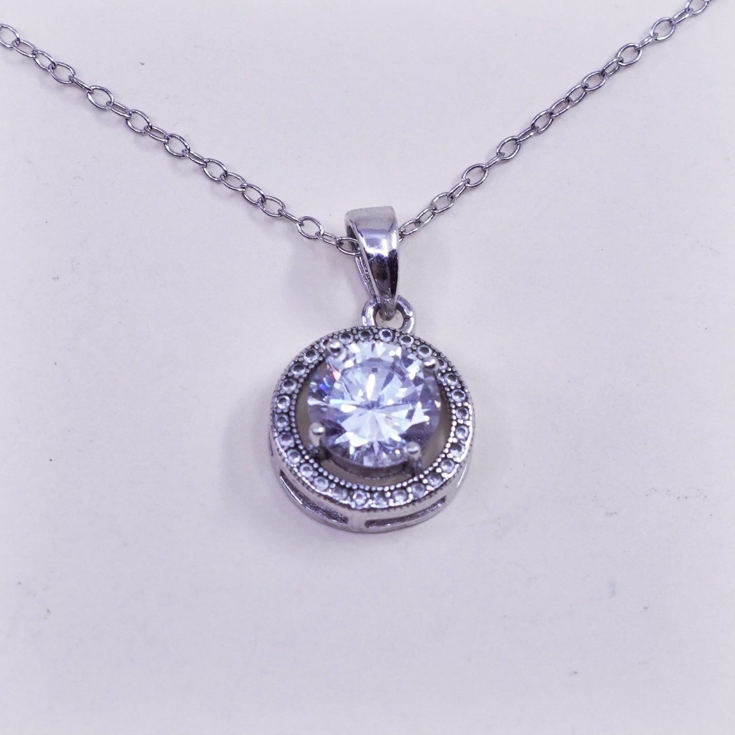 18”, vintage Sterling silver necklace, 925 circle chain with circle pendant Cz