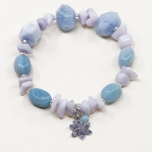 7”, Vtg Handmade Nugget Larimar, Quartz Bracelet W/ Elastic Band N 925 Flower