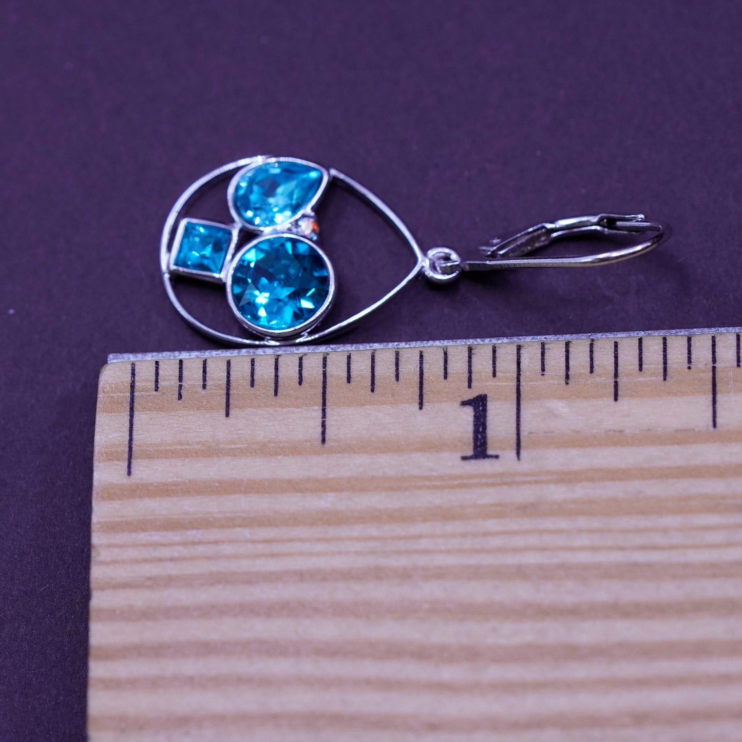 Vintage Sterling 925 silver handmade teardrop earrings with blue rhinestone