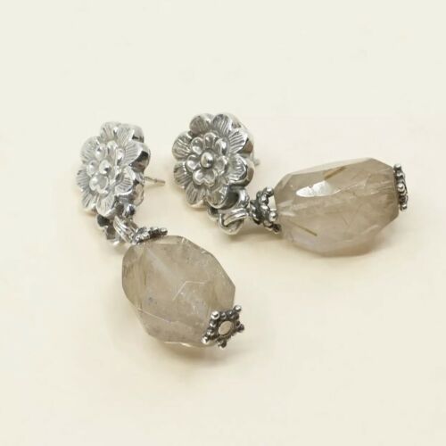 Estate find VINTAGE STERLING 925 SILVER Flower Rutilated Quartz Nugget EARRINGS