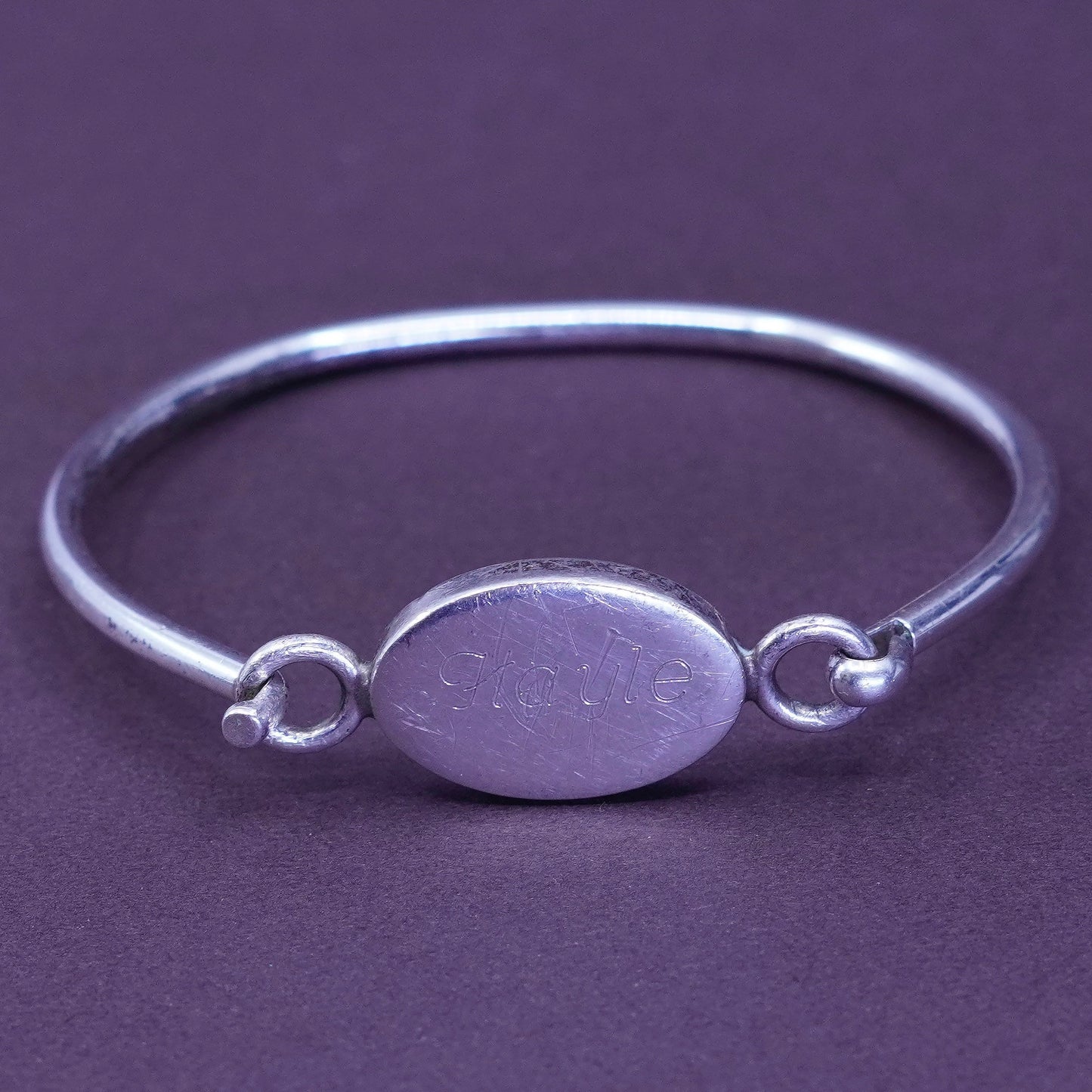 6”, antique Judith jack sterling silver bracelet, 925 bangle w/ name tag “Hayle