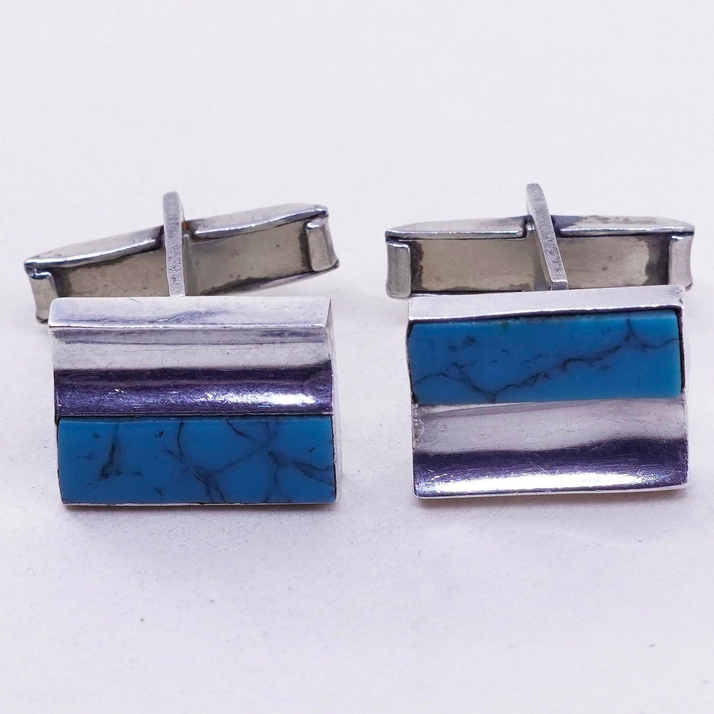 Vintage sterling silver handmade cuff link, 925 square cufflink with turquoise