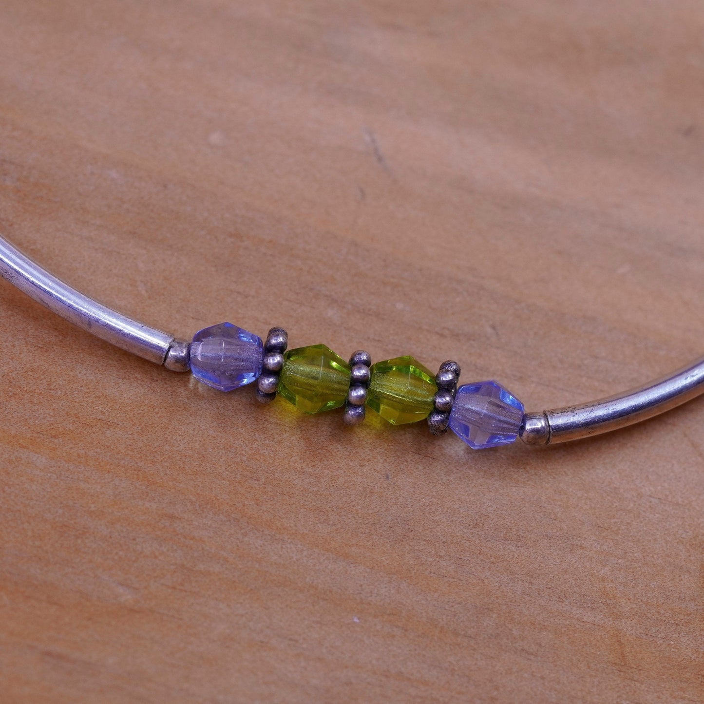 8”, vtg Sterling silver handmade bracelet, 925 hinged bangle with crystal beads