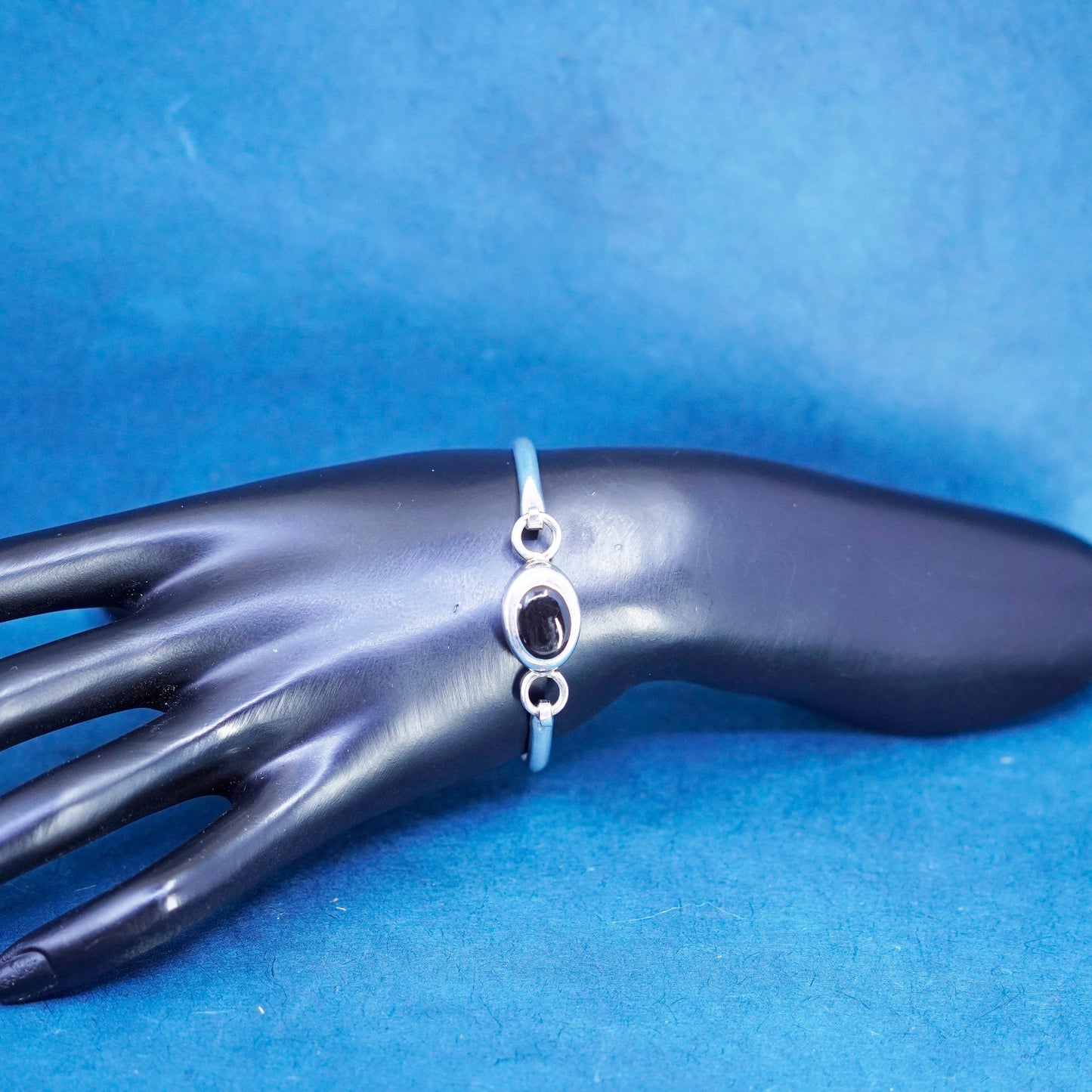 6.5”, vintage Sterling silver handmade bracelet, 925 hinged bangle black onyx