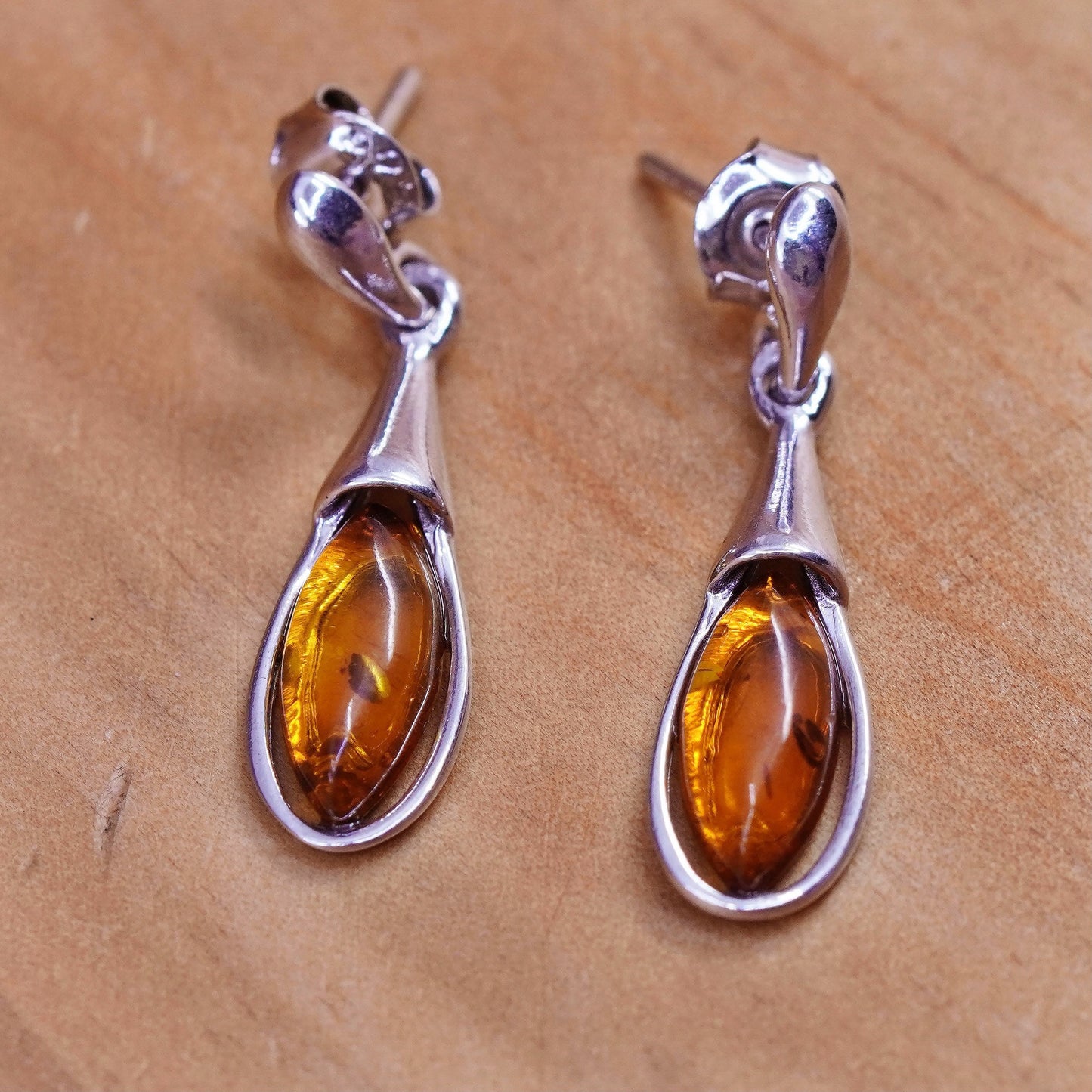 Vintage Sterling 925 silver handmade teardrop earrings with Amber