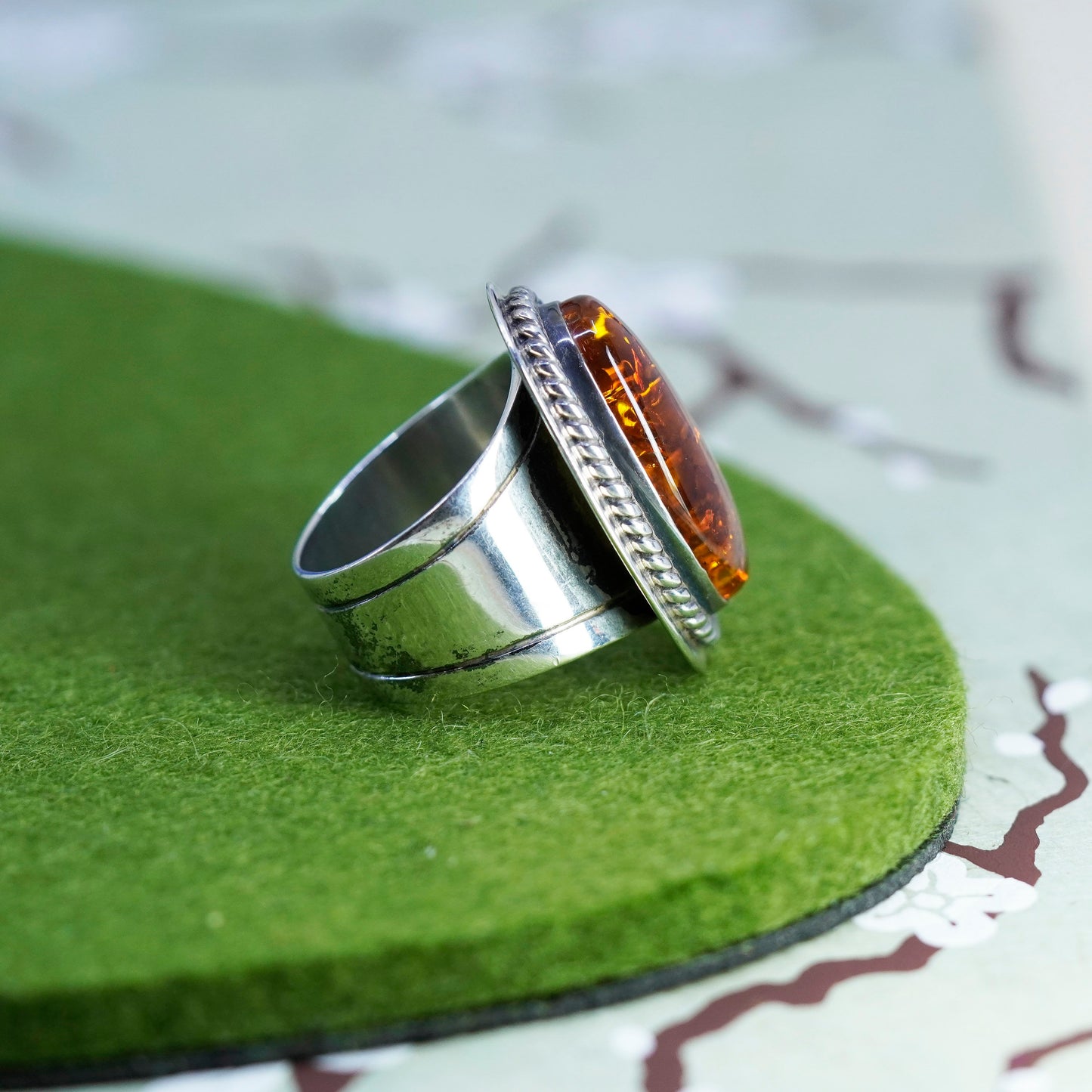 Size 8.75, Vintage Jay King DTR sterling 925 silver handmade ring w/ oval Amber
