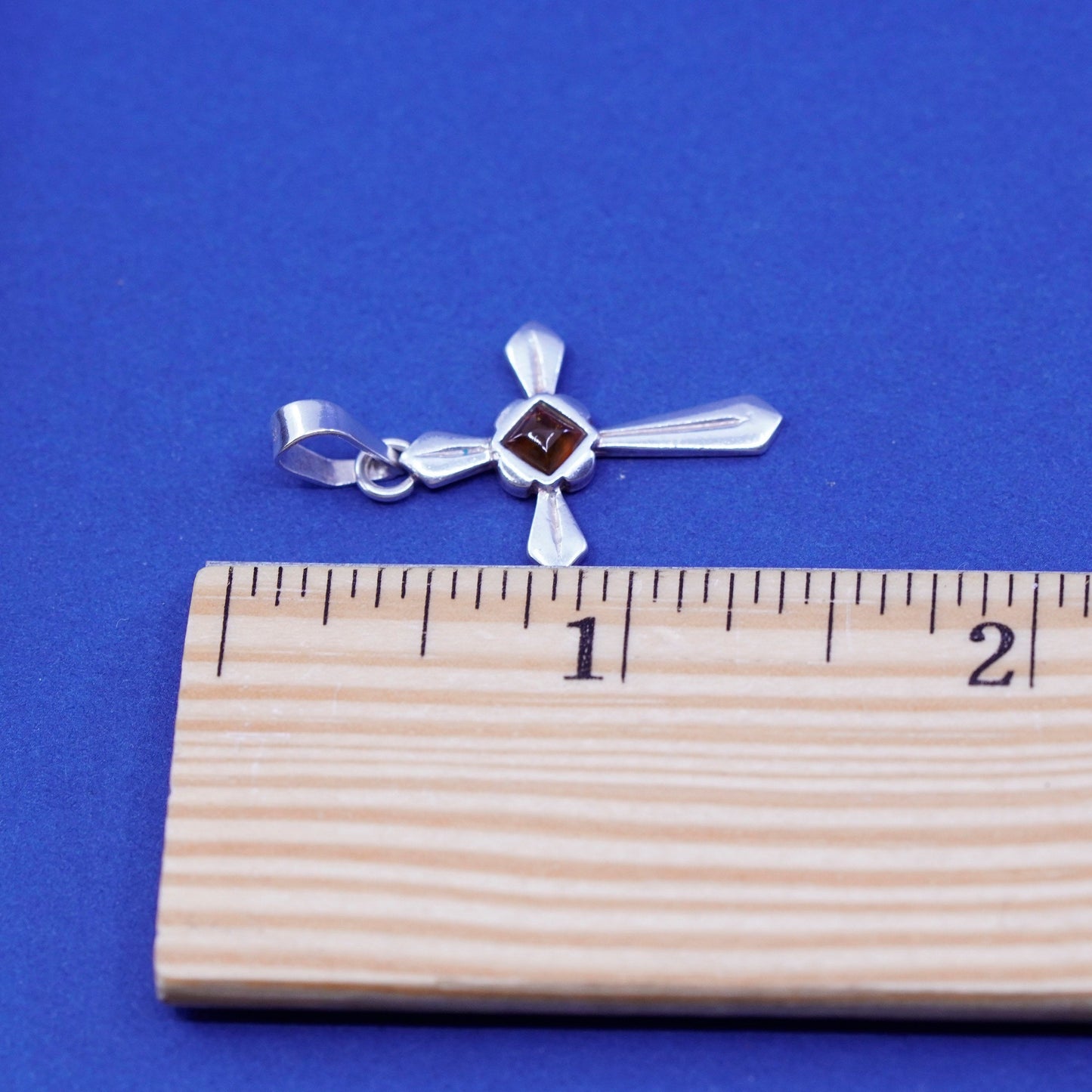 Vintage Sterling 925 silver handmade cross pendant with amber