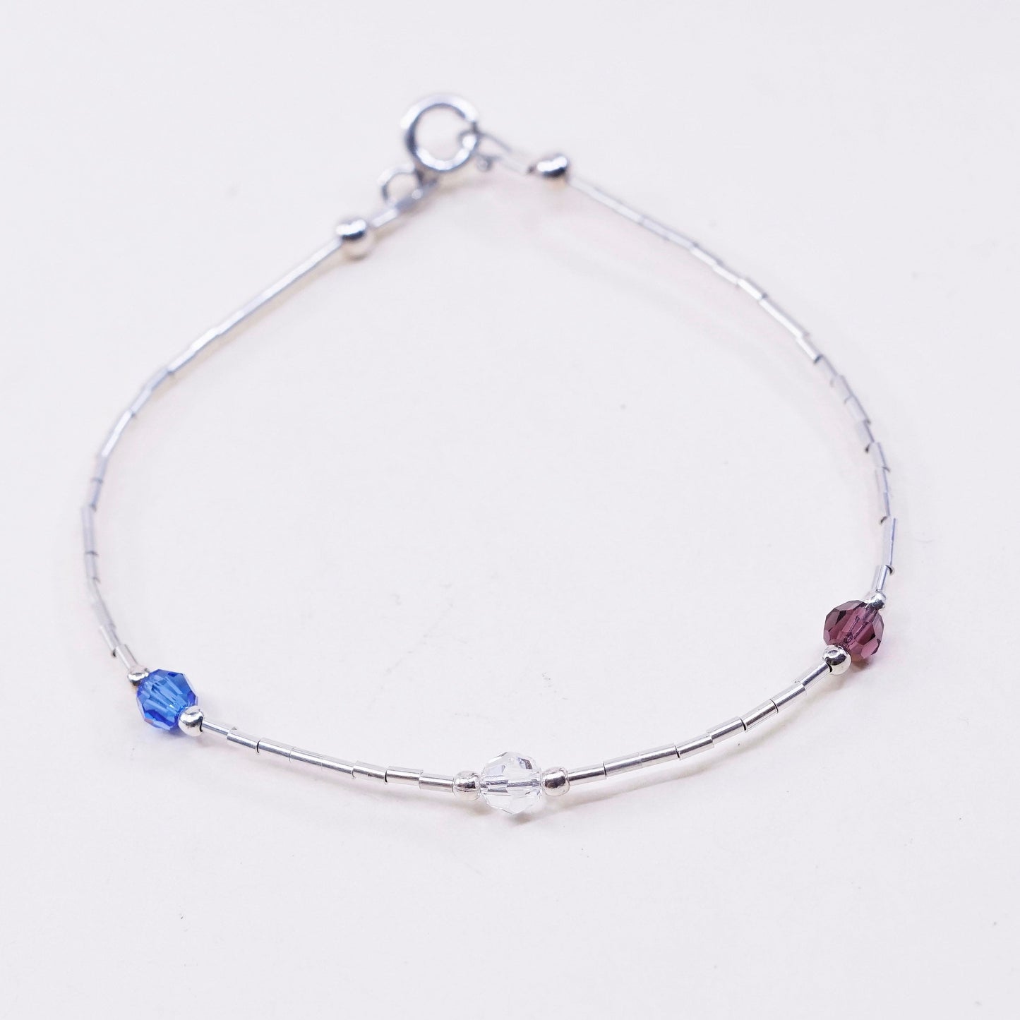6.5”, sterling silver handmade bracelet, 925 liquid chain with crystal beads