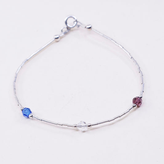 6.5”, sterling silver handmade bracelet, 925 liquid chain with crystal beads