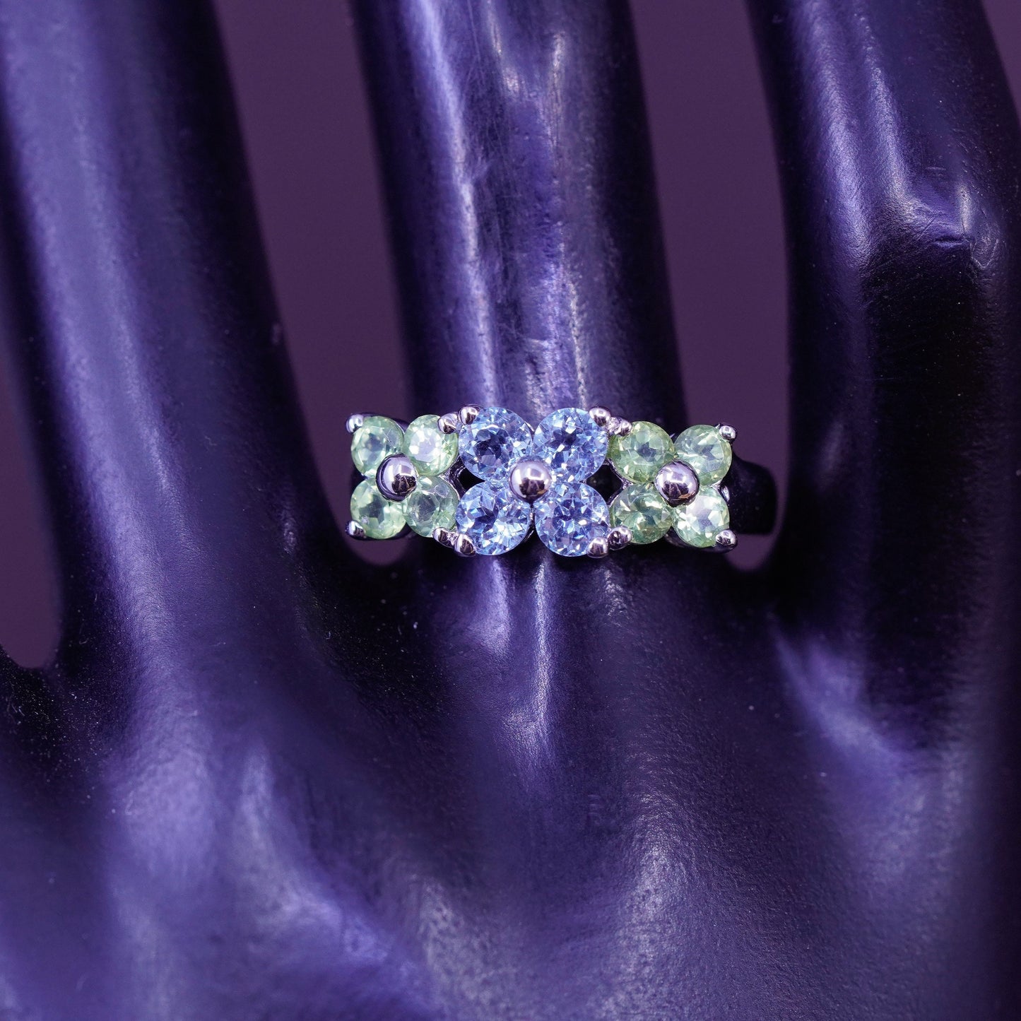 Size 8.25, vintage Sterling 925 silver handmade ring with peridot and topaz