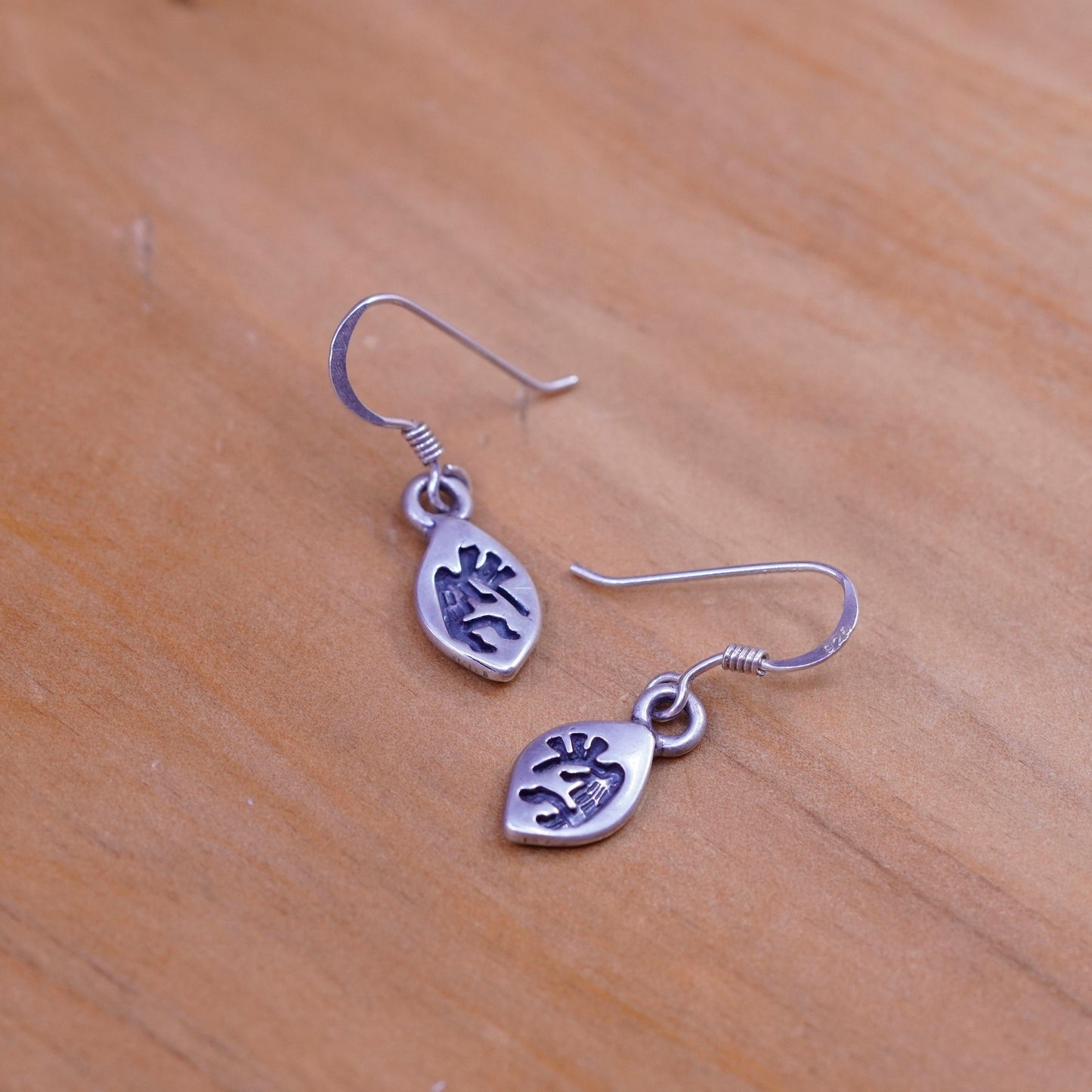 Vintage Native American Sterling silver handmade earrings, 925 Kokopelli drops