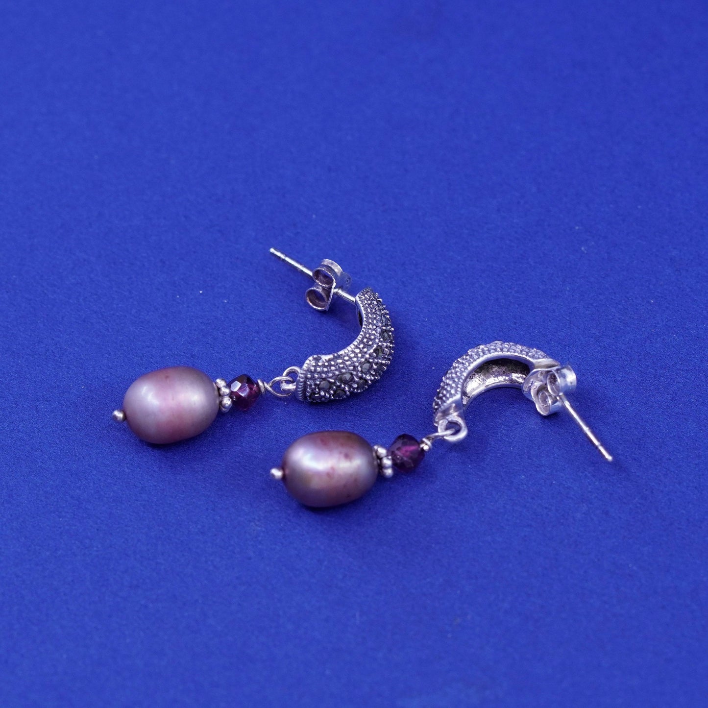 Vtg modern Sterling 925 silver handmade huggie hoop earrings teardrop pearl