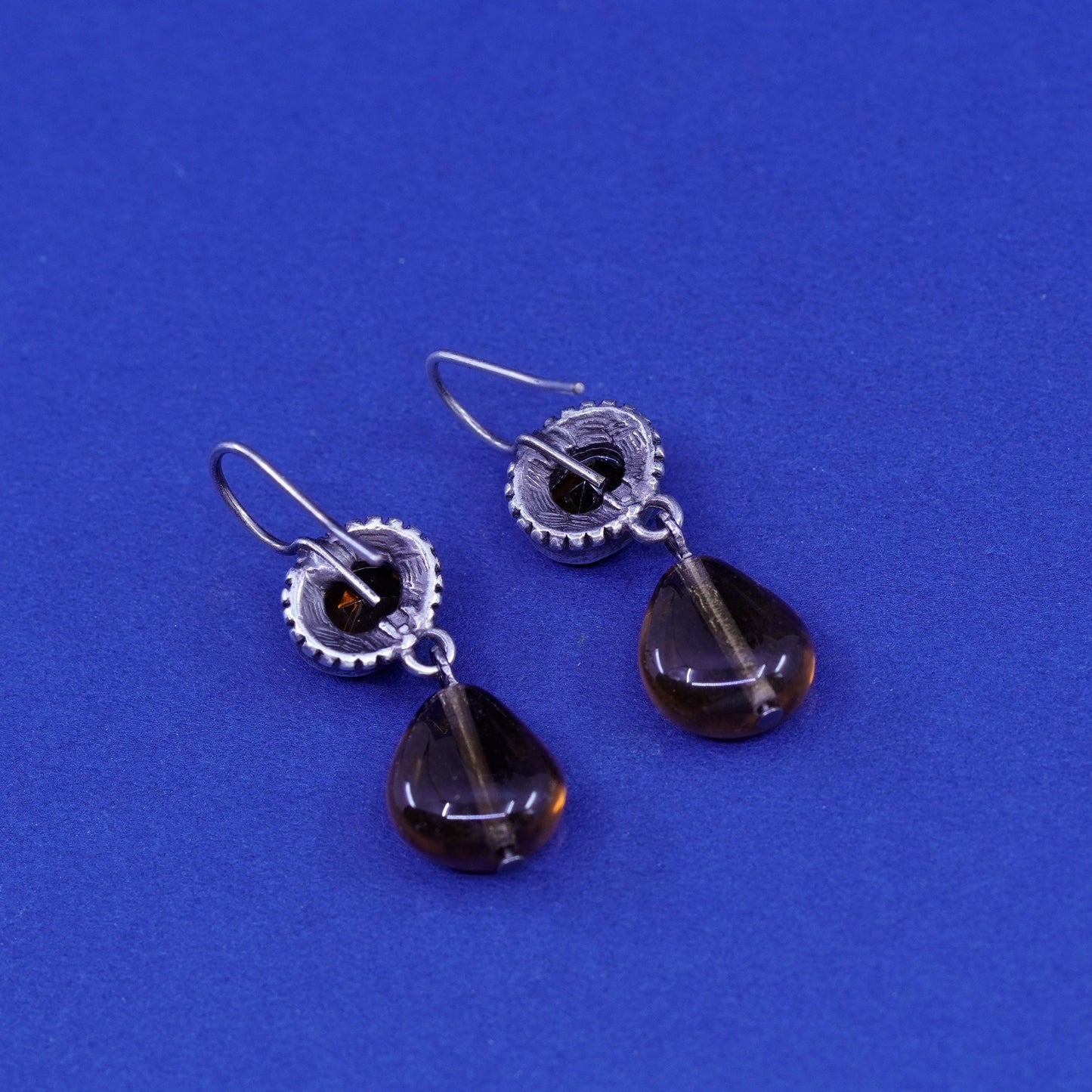 Vintage sterling 925 silver handmade earrings with teardrop smoky topaz