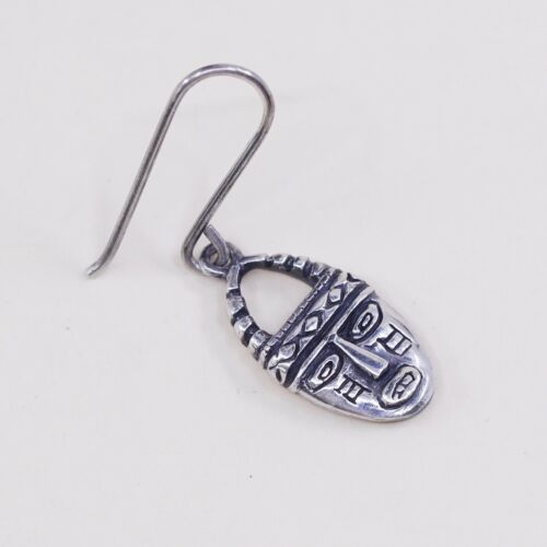 Vtg Handmade 925 Sterling Silver Earrings, Native Mayan Aztec Face Dangles