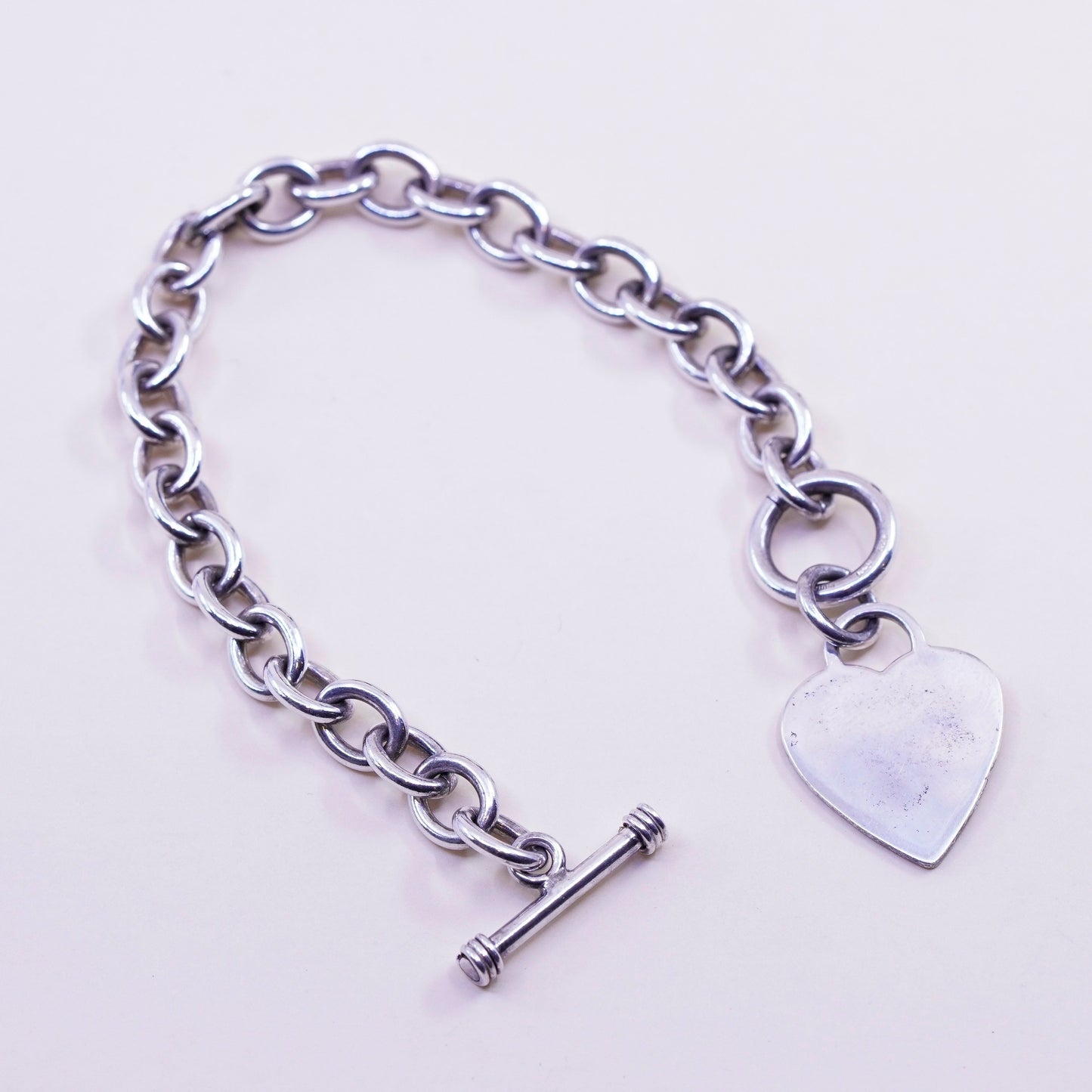 6.5”, 9mm, Vintage sterling 925 silver circle bracelet with heart charm