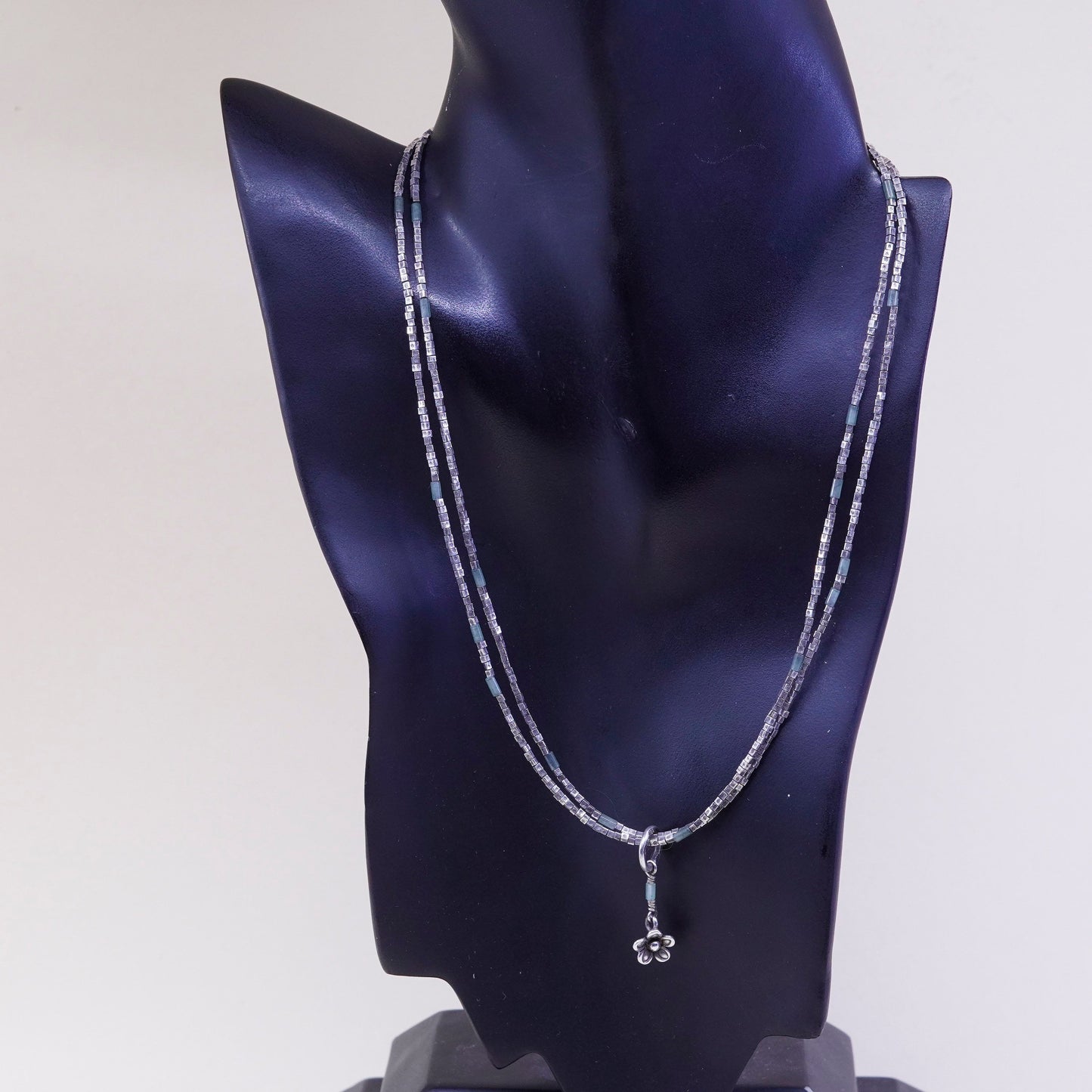 18”, Sterling silver double strands necklace 925 nugget chain w/ flower pendant