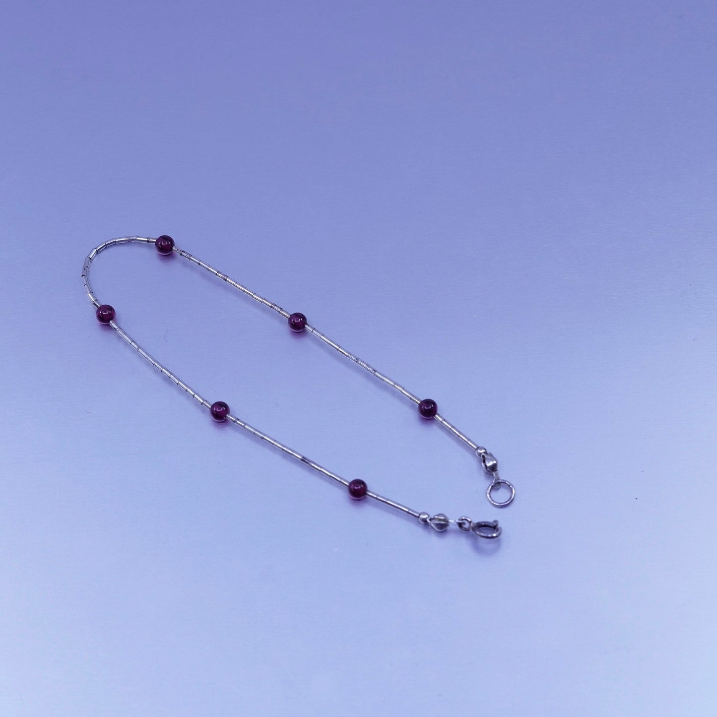 8”, Vintage Sterling 925 silver handmade bracelet, liquid chain garnet charms