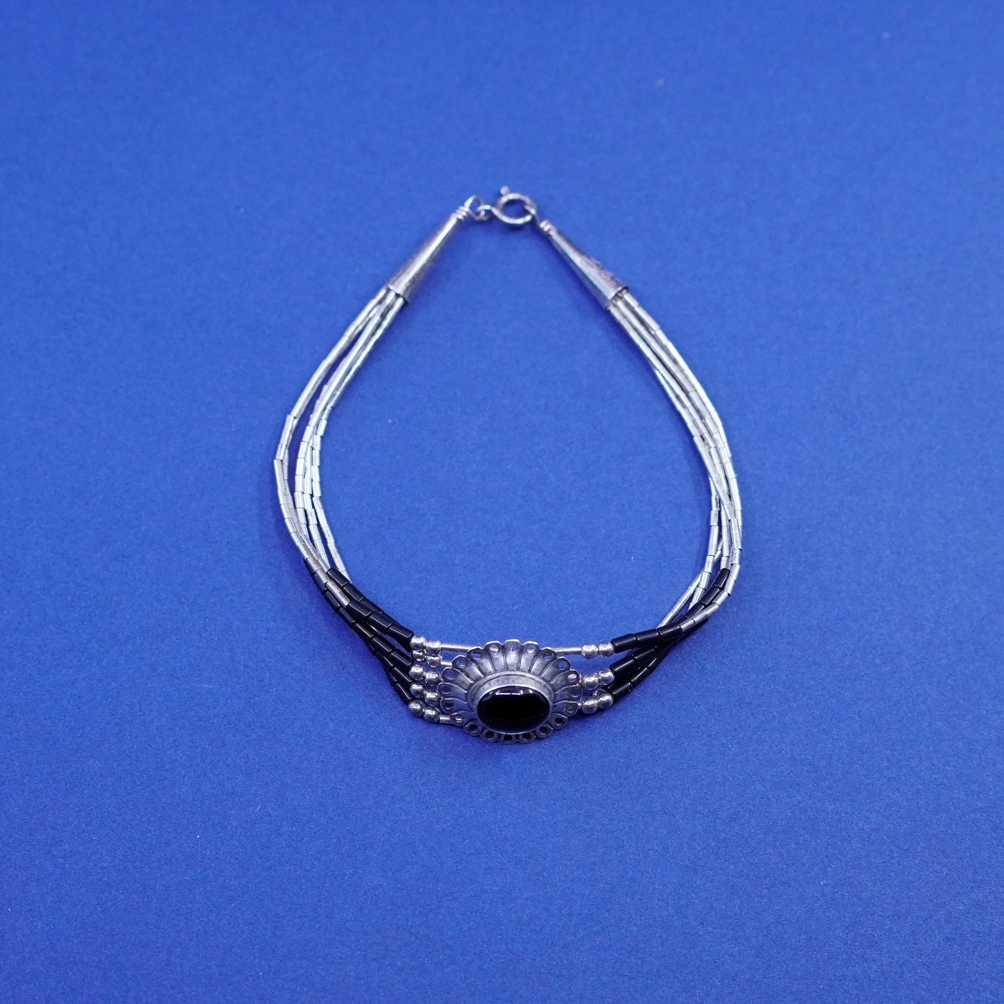 7”, vintage sterling handmade bracelet, 925 liquid silver chain with obsidian