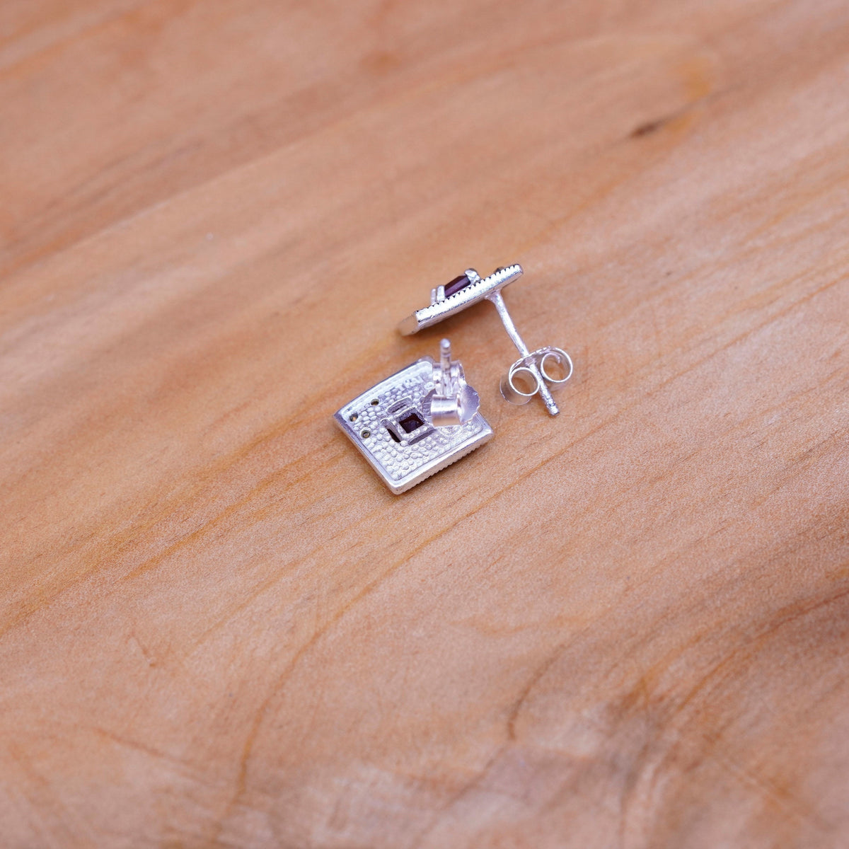 Sterling Silver Handmade Earrings, 925 Square studs with ruby Marcasite and Cz