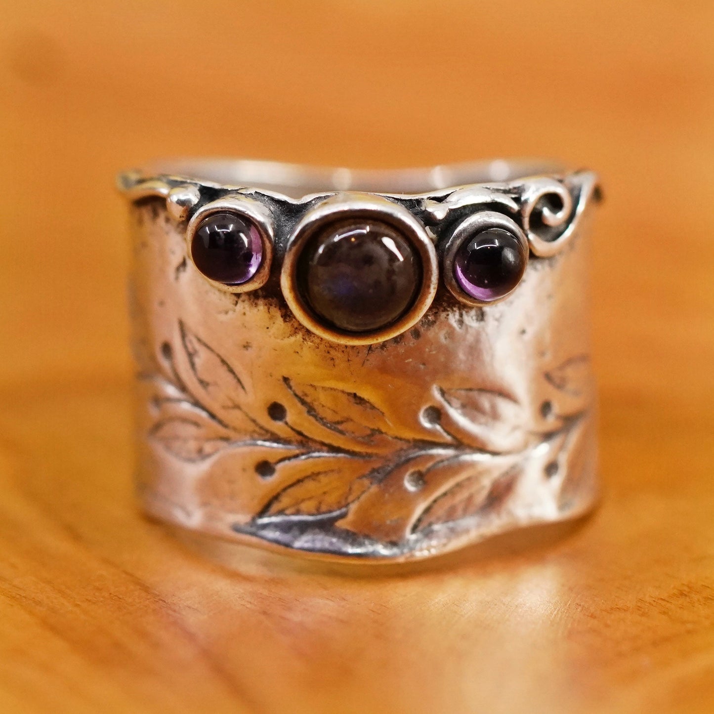 Size 7, Israel Sterling silver ring, 925 statement wide band moonstone amethyst