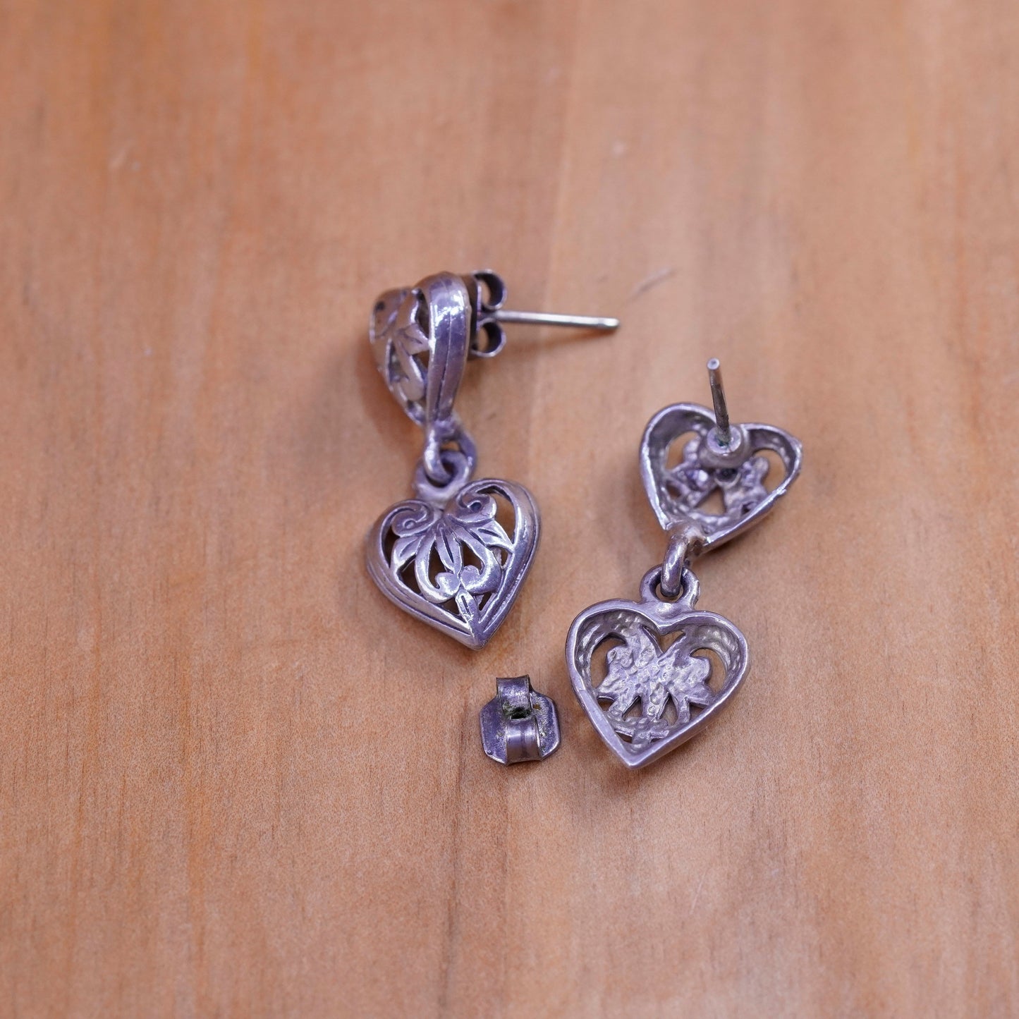 Vintage Sterling silver handmade earrings, 925 filigree heart drops