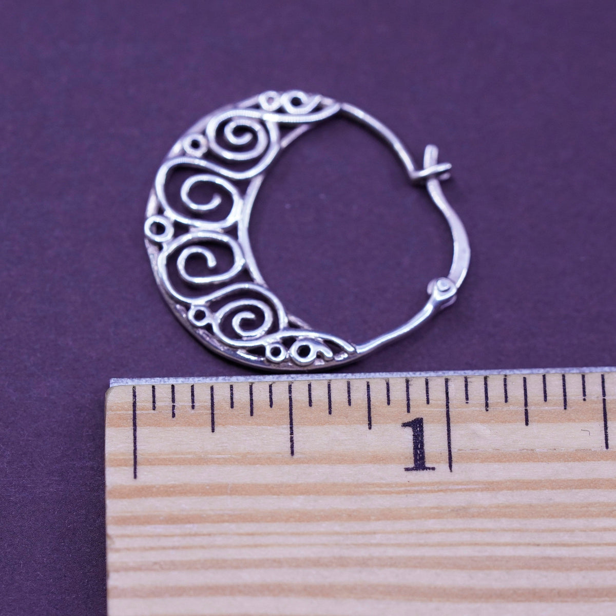 1”, vintage Sterling silver filigree hoop earrings, 925 huggie