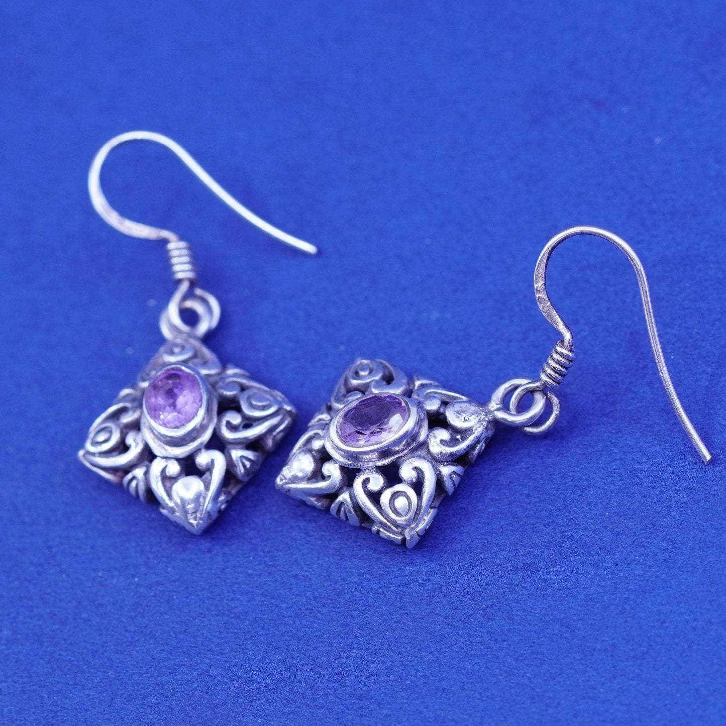 sterling silver handmade earrings, bali 925 filigree diamond drops amethyst