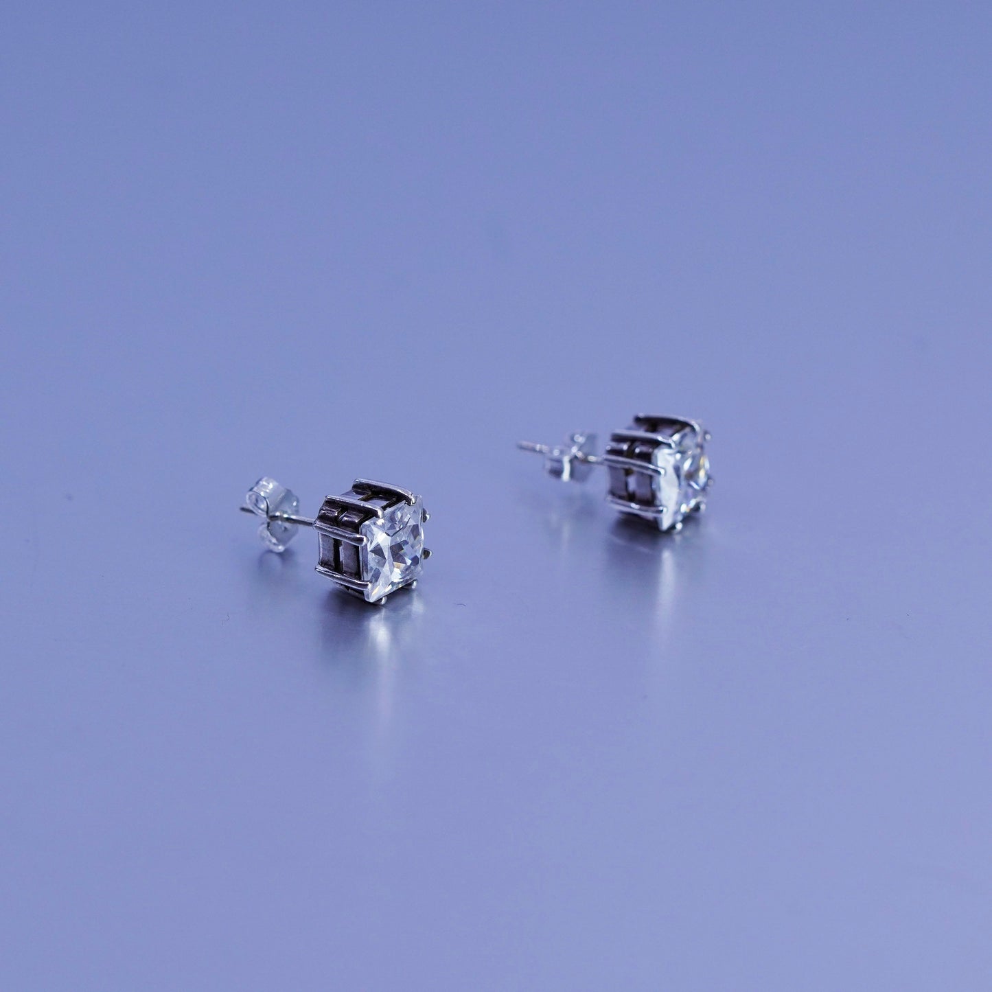 8mm, Vintage Sterling 925 silver earrings, studs with square cz inlay