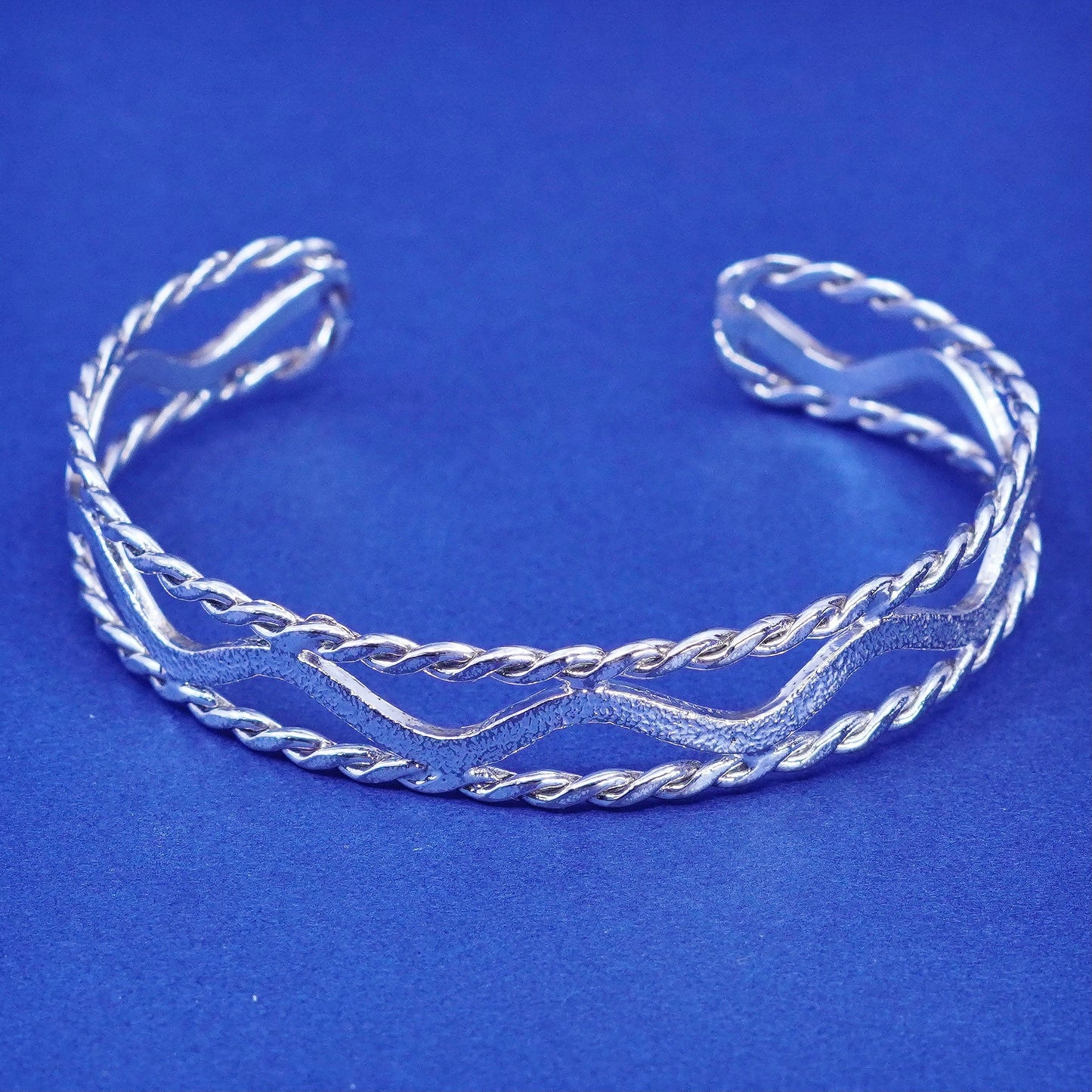 6.75”, vintage sterling silver handmade bracelet, wide 925 filigree wavy cuff
