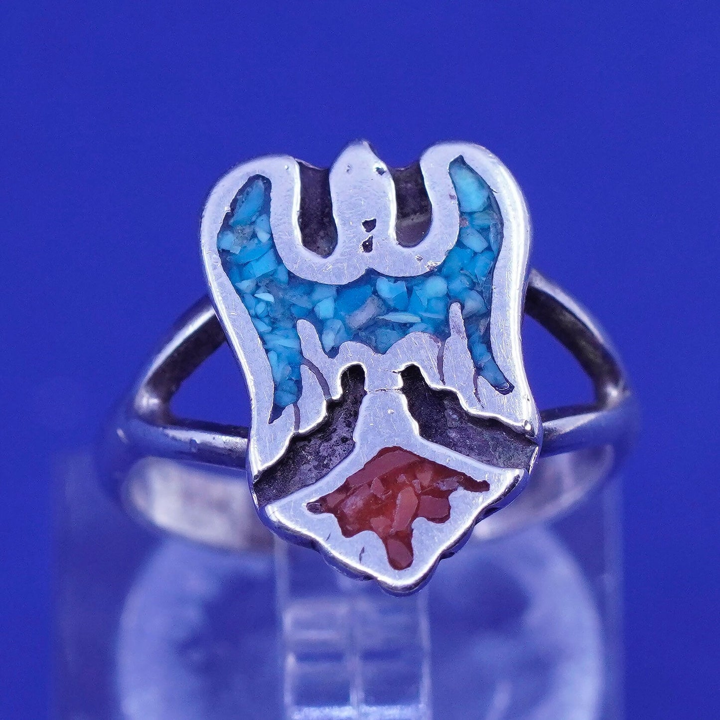 Size 4.25, Native American sterling silver ring, 925 bird turquoise and coral