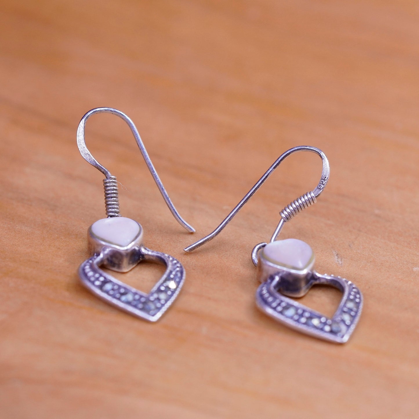 Sterling 925 silver handmade earrings with heart mother of pearl Marcasite