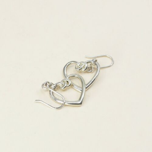 Vtg Handmade Wired 925 Sterling Silver Heart Dangle Hoop Earrings, Stamped 925
